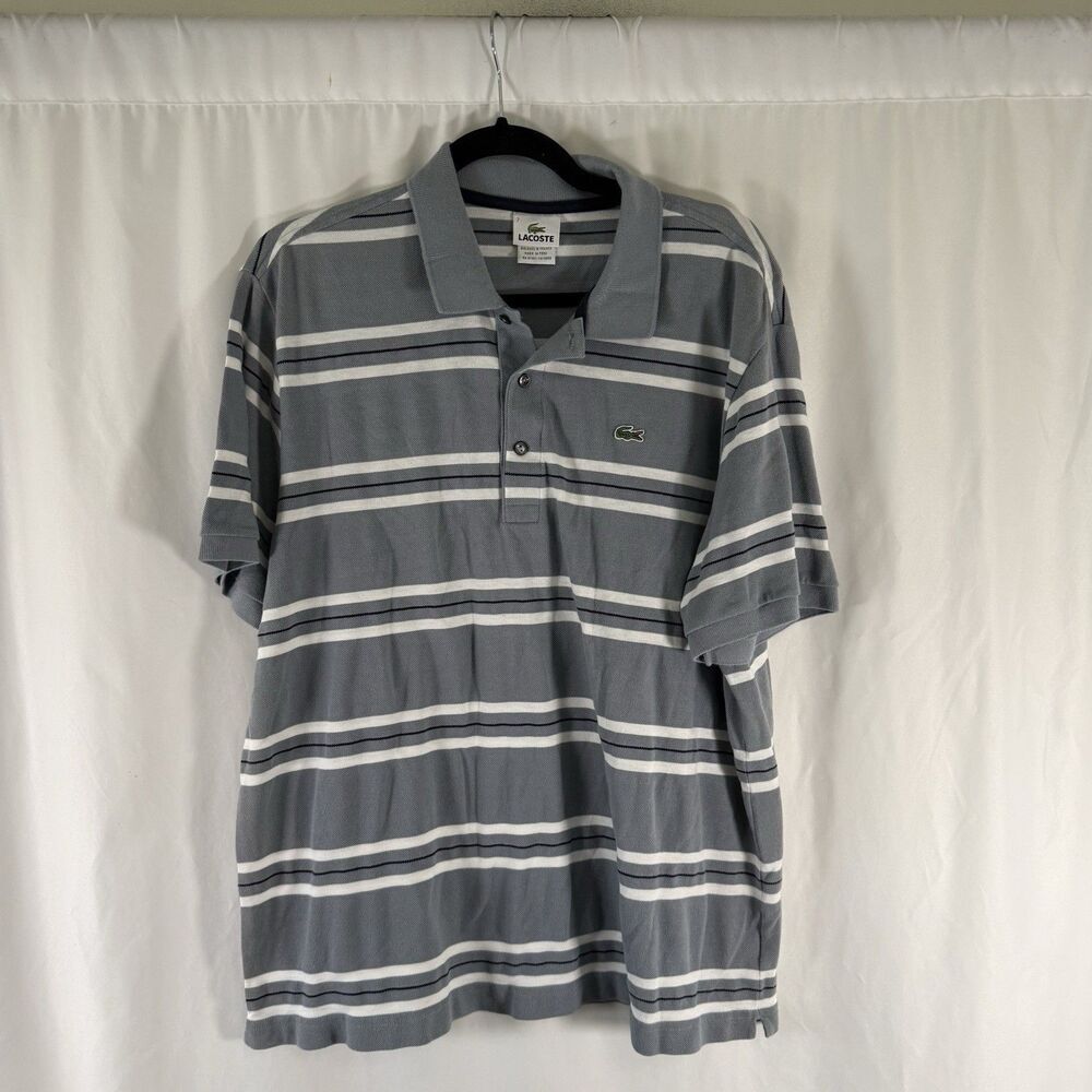 Lacoste Polo Shirt Men's 7 Grey Striped Short Sleeve 100% Cotton 1/4 Button